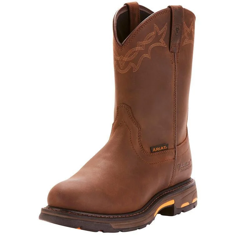 Ariat Men's WorkHog 10"" Soft Toe WP Western Work Boot - Oily Brown - 10001198