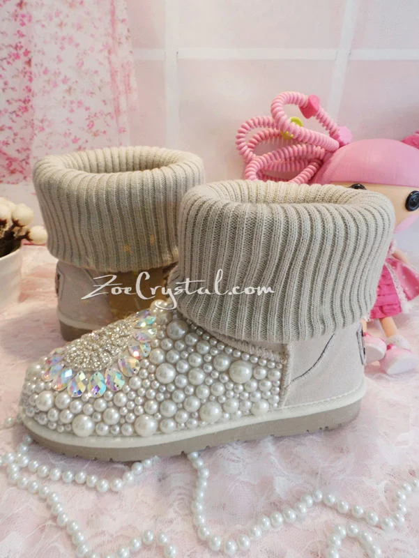 PROMOTION WINTER Beige Knit Sheepskin Fleech/Wool Boots with shinning and stylish CRYSTALS