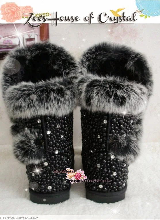 PROMOTION WINTER Bling and Sparkly Black Tall Fur SheepSkin Wool BOOTS w shinning Czech or Swarovski Crystals and Pearls