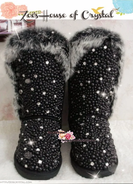 PROMOTION WINTER Bling and Sparkly Black Tall Fur SheepSkin Wool BOOTS w shinning Czech or Swarovski Crystals and Pearls