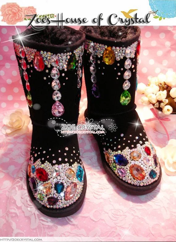 Promotion WINTER Bling and Sparkly SheepSkin Wool BOOTS w shinning Czech or Swarovski crystal in LOLITA Style