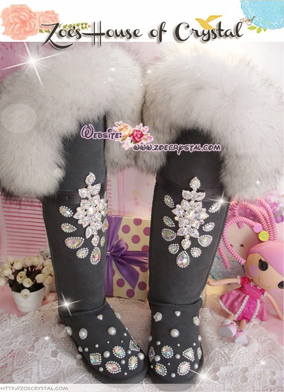 PROMOTION WINTER Queen Style Knee High Bling and Sparkly White Fur SheepSkin Wool BOOTS