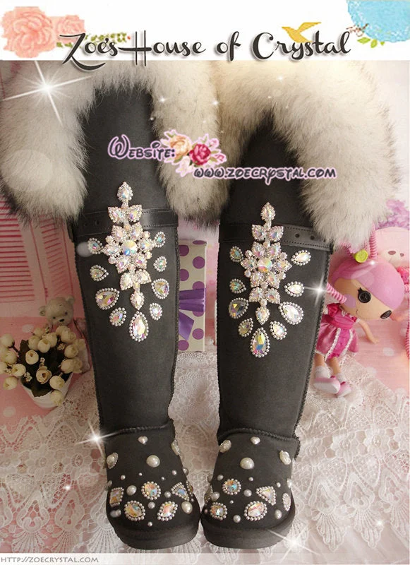 PROMOTION WINTER Queen Style Knee High Bling and Sparkly White Fur SheepSkin Wool BOOTS