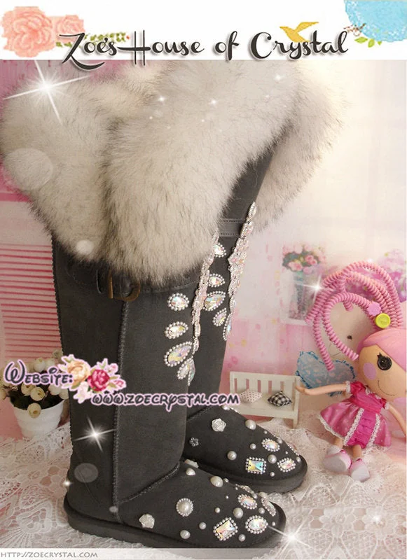 PROMOTION WINTER Queen Style Knee High Bling and Sparkly White Fur SheepSkin Wool BOOTS