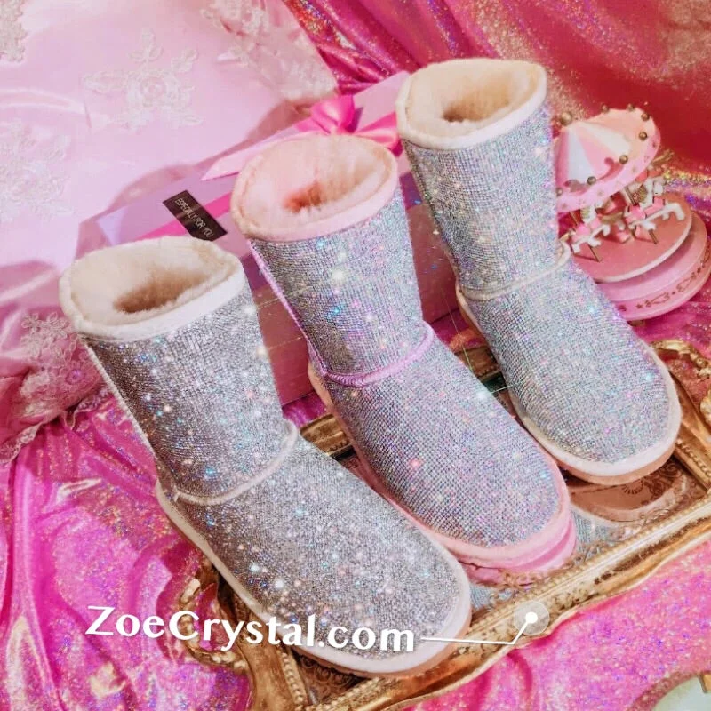 Super Bling and Sparkly Middle High SheepSkin Wool BOOTS w shinning Czech crystals