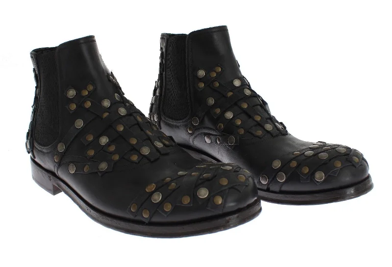 Black Leather Gold Studded Shoes Boots