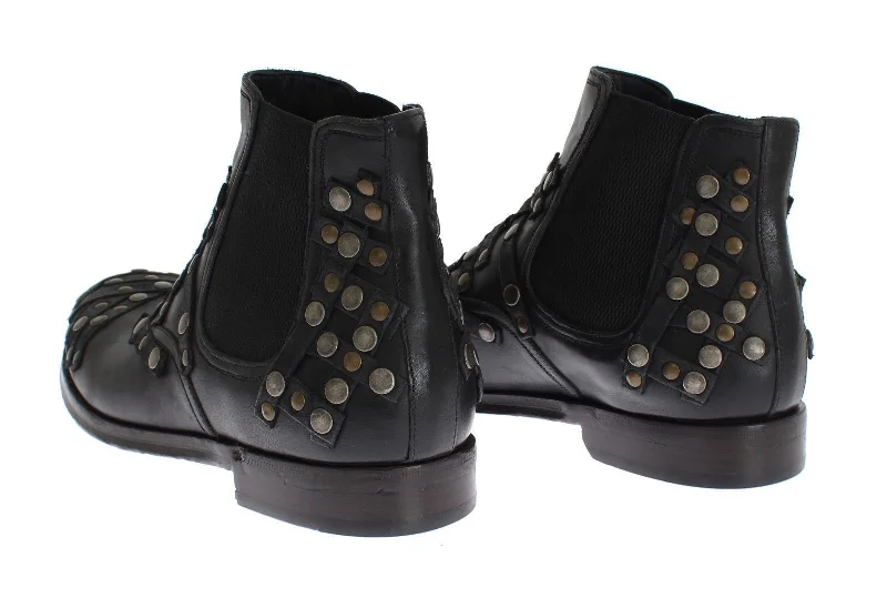 Black Leather Gold Studded Shoes Boots