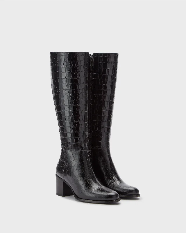 Dalia Tall Knee High Boots in Black Croc