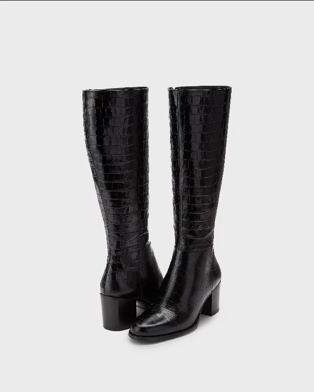 Dalia Tall Knee High Boots in Black Croc