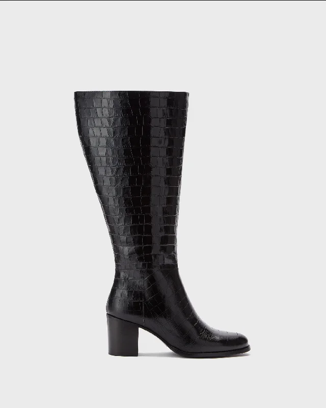 Dalia Tall Knee High Boots in Black Croc