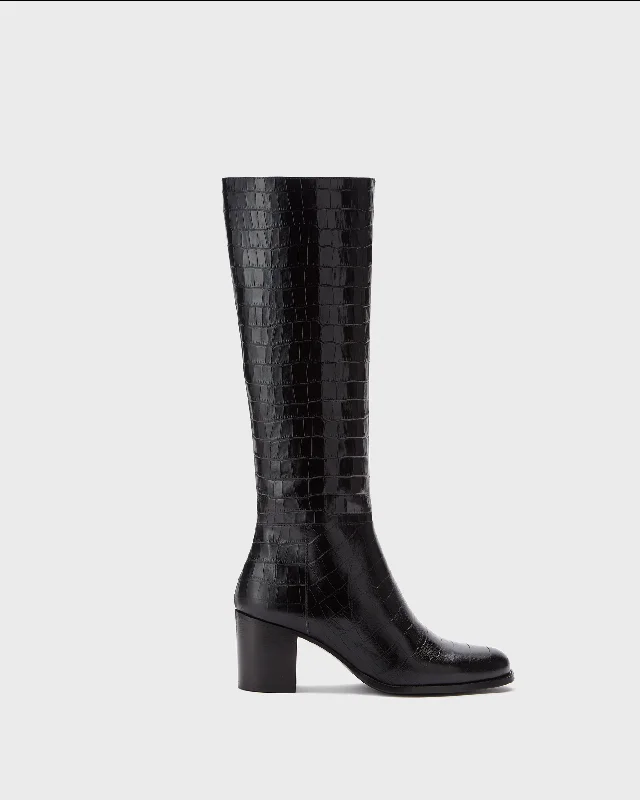 Dalia Tall Knee High Boots in Black Croc