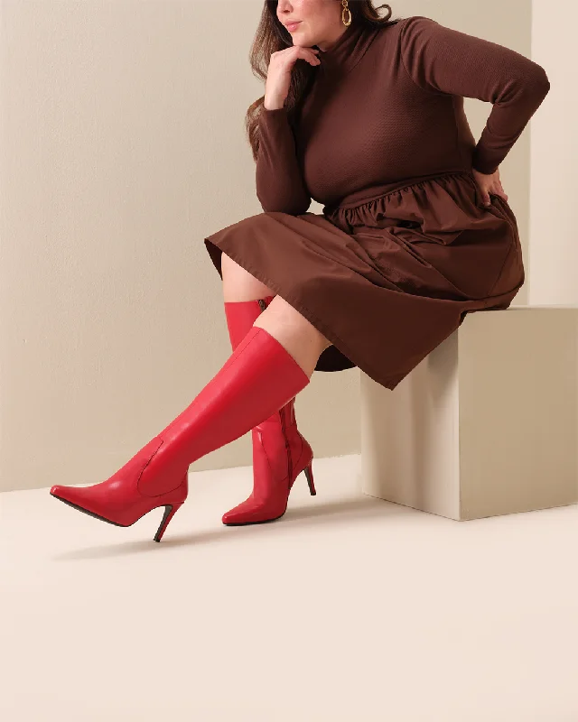 Freya Knee High Boots in Red Leather