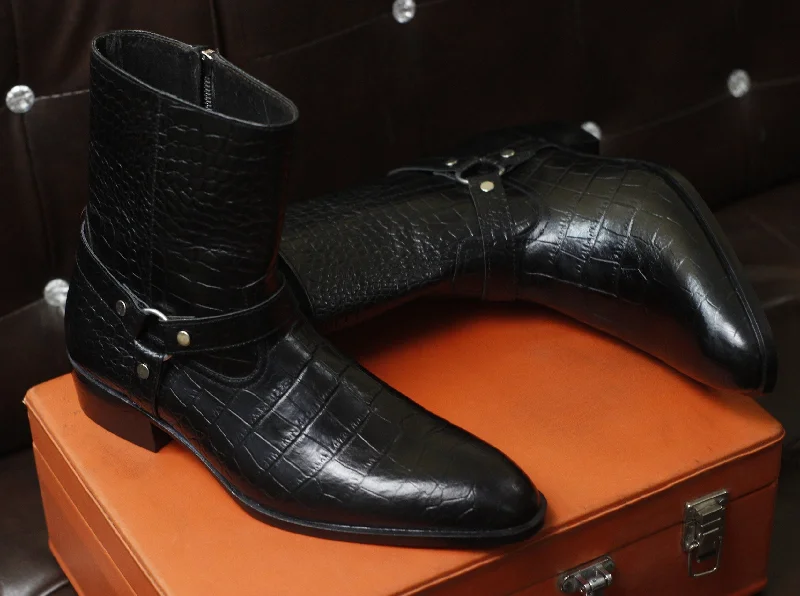 New Men's Handmade Formal Shoes Black Crocodile Textured Leather Ankle High Jodhpur Style Zip Up Boots