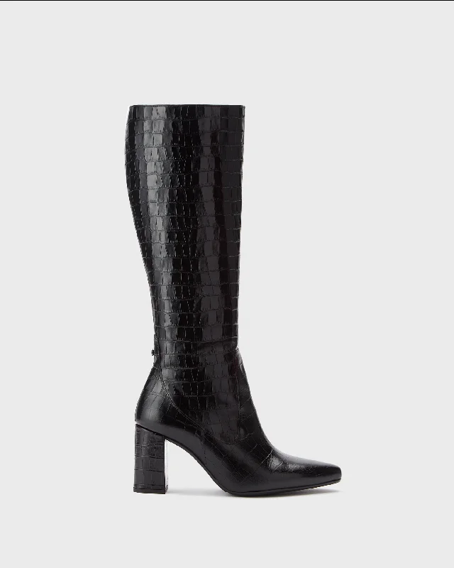 Tabitha Knee High Boots in Black Croc Leather