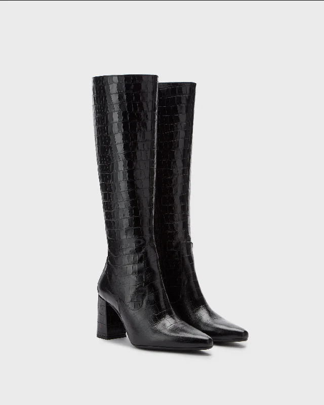 Tabitha Knee High Boots in Black Croc Leather