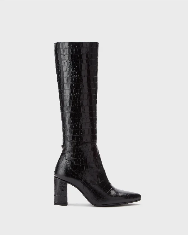 Tabitha Knee High Boots in Black Croc Leather