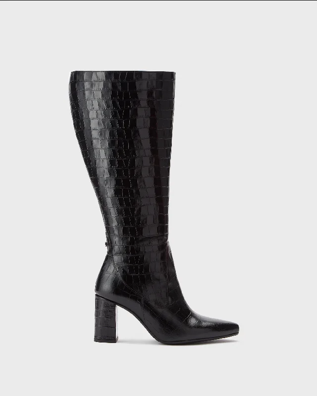 Tabitha Knee High Boots in Black Croc Leather