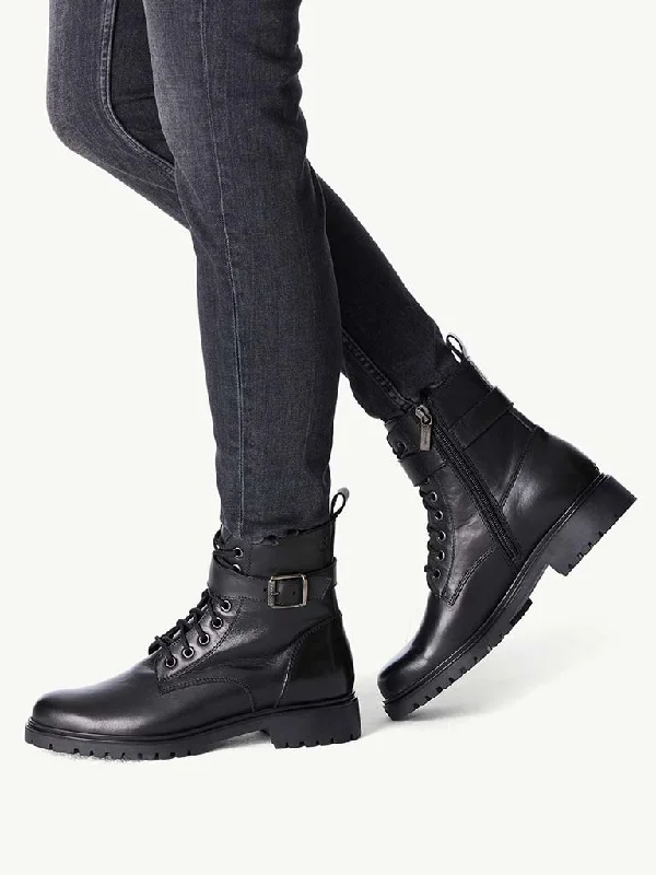 Tamaris Leather Lace Up Buckle Boots - Black