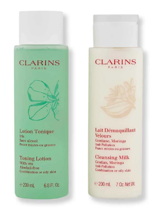 Clarins Toning Lotion with Iris 6.8 oz & Cleansing Milk with Gentian Combination or Oily Skin 7 oz